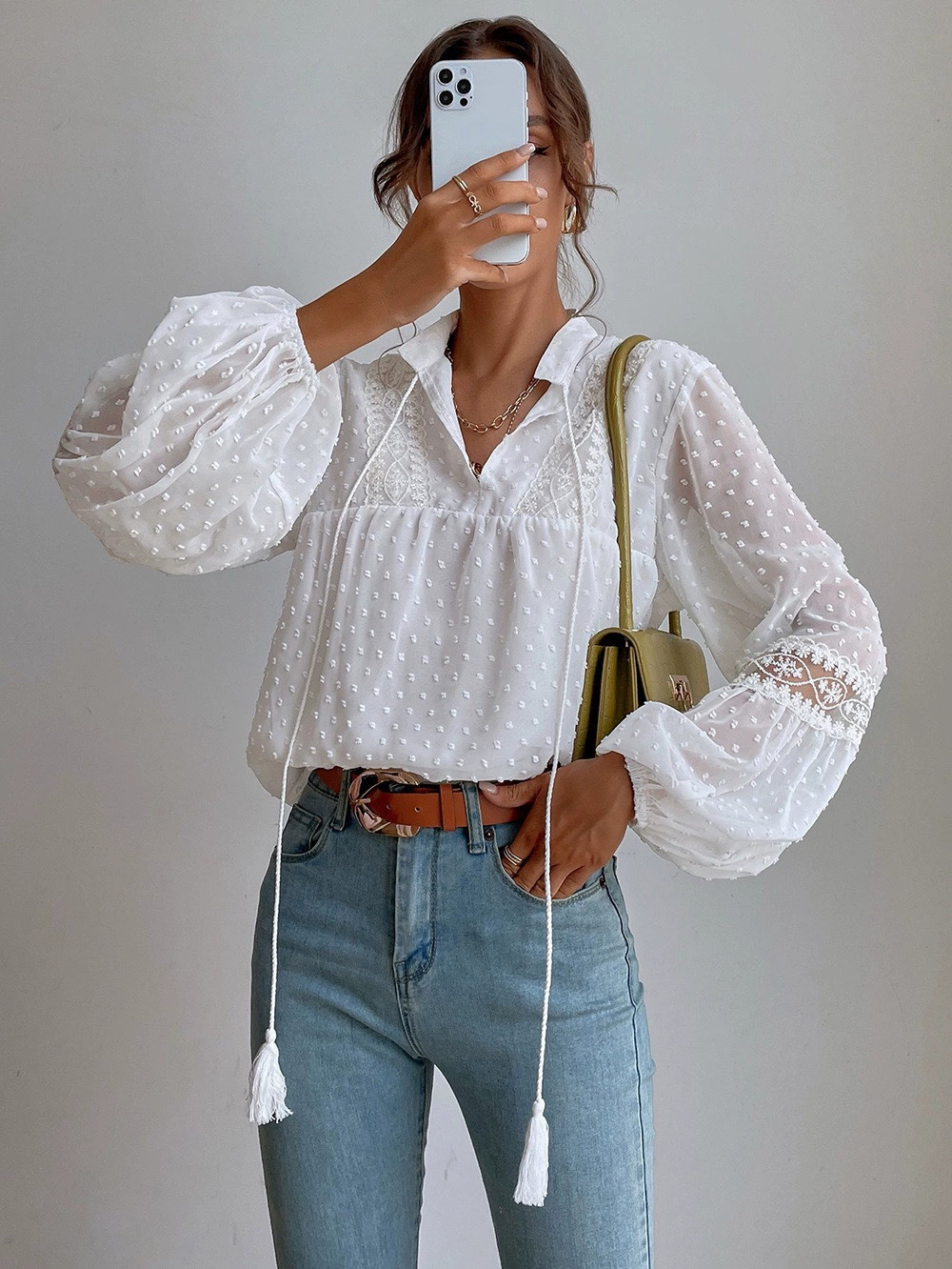 Zara Polka Dot Chiffon Lace Patchwork Loose Blouse Workwear